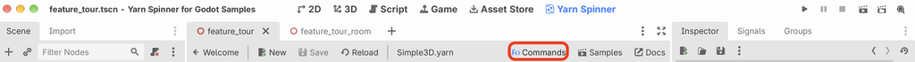 The Yarn Spinner tab's toolbar with the Commands button highlighted, between Simple3D.yarn and Samples