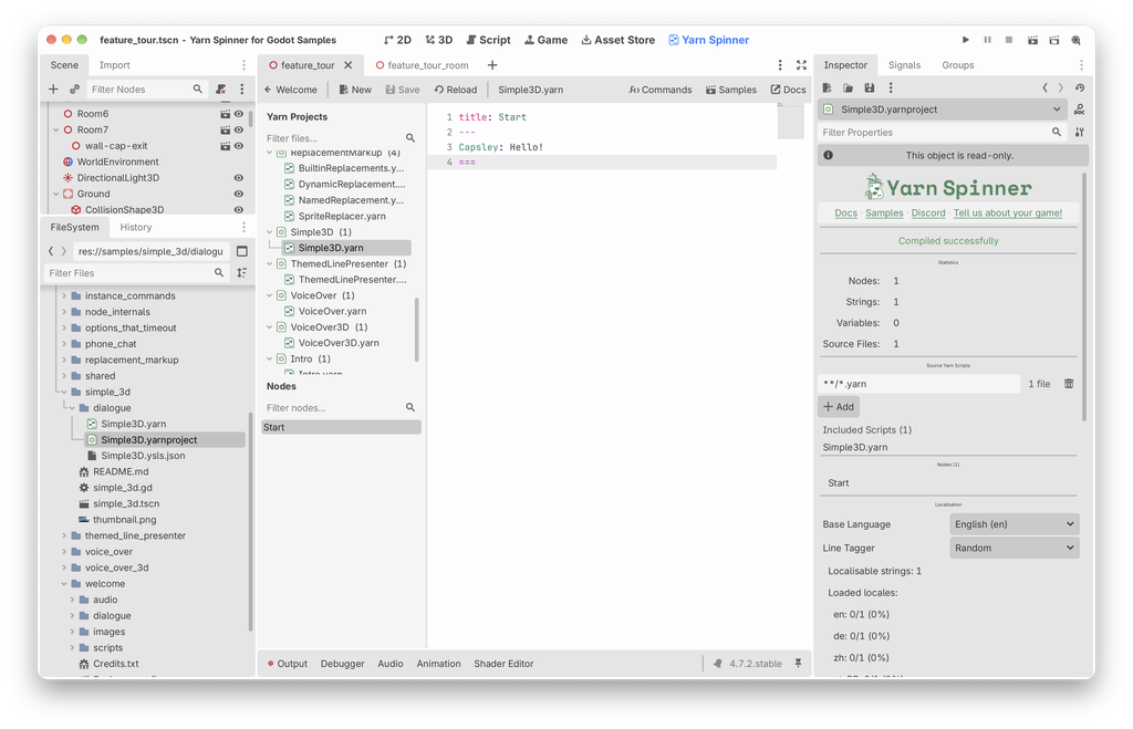 The Godot editor on the Yarn Spinner tab, with the Yarn Projects file list and Nodes list on the left and Simple3D.yarn open in the editor, next to the Yarn Project's Inspector