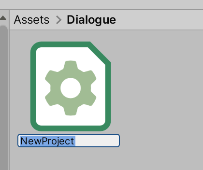 Unity's Project window showing a new Yarn Project asset in the Dialogue folder, with its name, NewProject, selected for renaming
