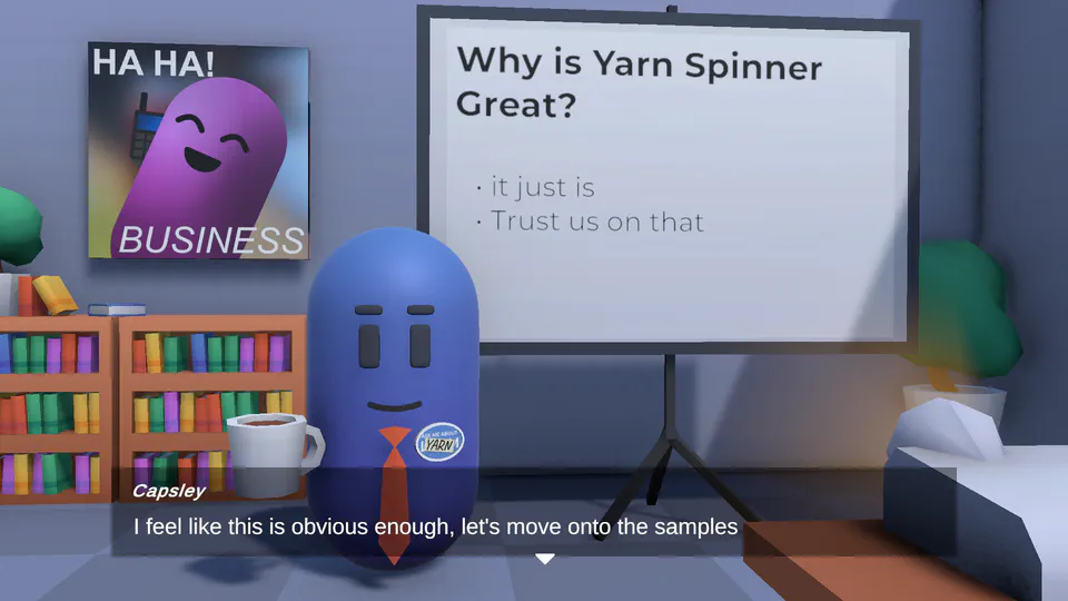 Capsley giving a presentation in the Welcome sample, with a line of dialogue at the bottom of the screen.