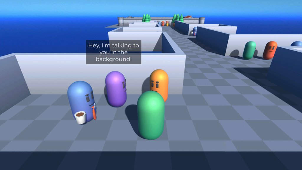 A green pill-shaped player character in the first room, next to Capsley holding a coffee cup and two other characters. A dark label above them reads Hey, I'm talking to you in the background! More rooms and characters stretch away along a corridor behind them.