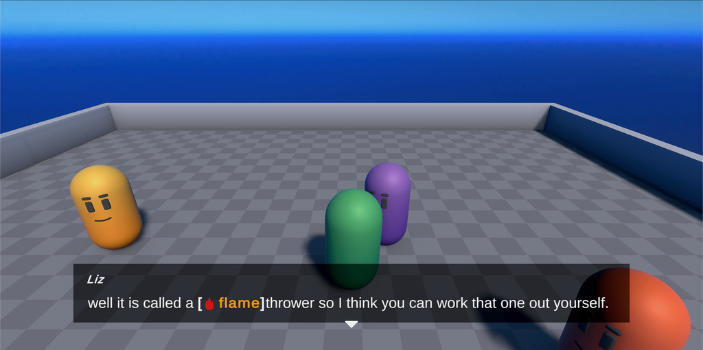 Capsule characters in a walled arena with a chequered floor: an orange one with a face on the left, a green one and a purple one in the middle, and a red one at the edge of the screen. The dialogue box shows Liz saying well it is called a flamethrower so I think you can work that one out yourself, with a small red flame icon and the word flame in bold orange inside square brackets.