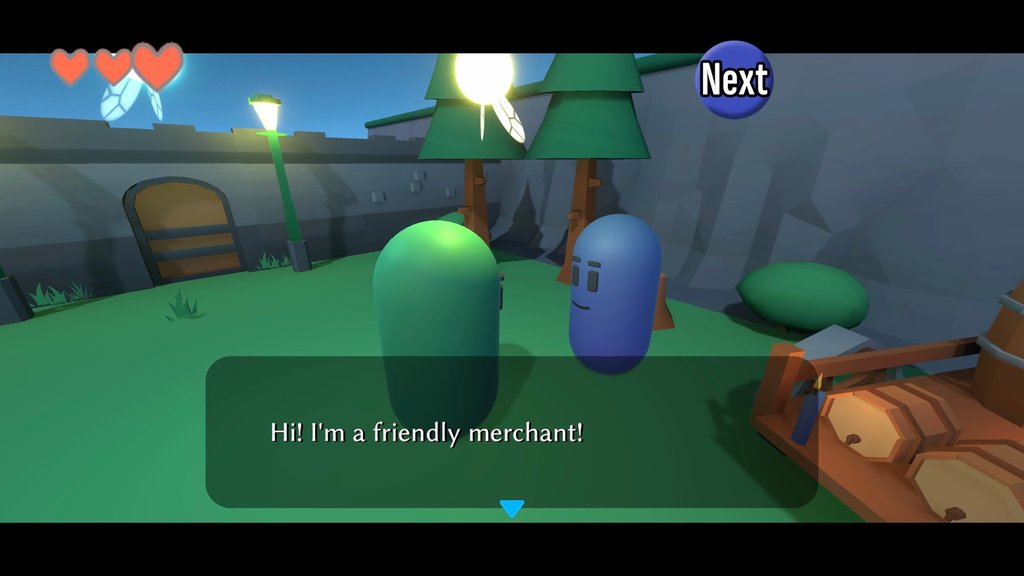 Classic RPG in a 3D courtyard at dusk. A blue capsule character speaks to a green capsule character, and a translucent box at the bottom of the screen reads 'Hi! I'm a friendly merchant!' Black letterbox bars cover the top and bottom of the screen, three hearts are in the top left, and a round Next button is at the top right.