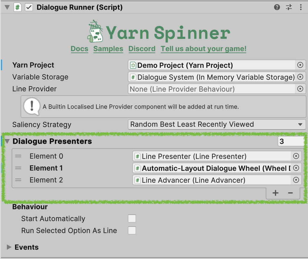 The Dialogue Runner Inspector, with the Dialogue Presenters list outlined in green: Line Presenter, Automatic-Layout Dialogue Wheel and Line Advancer.