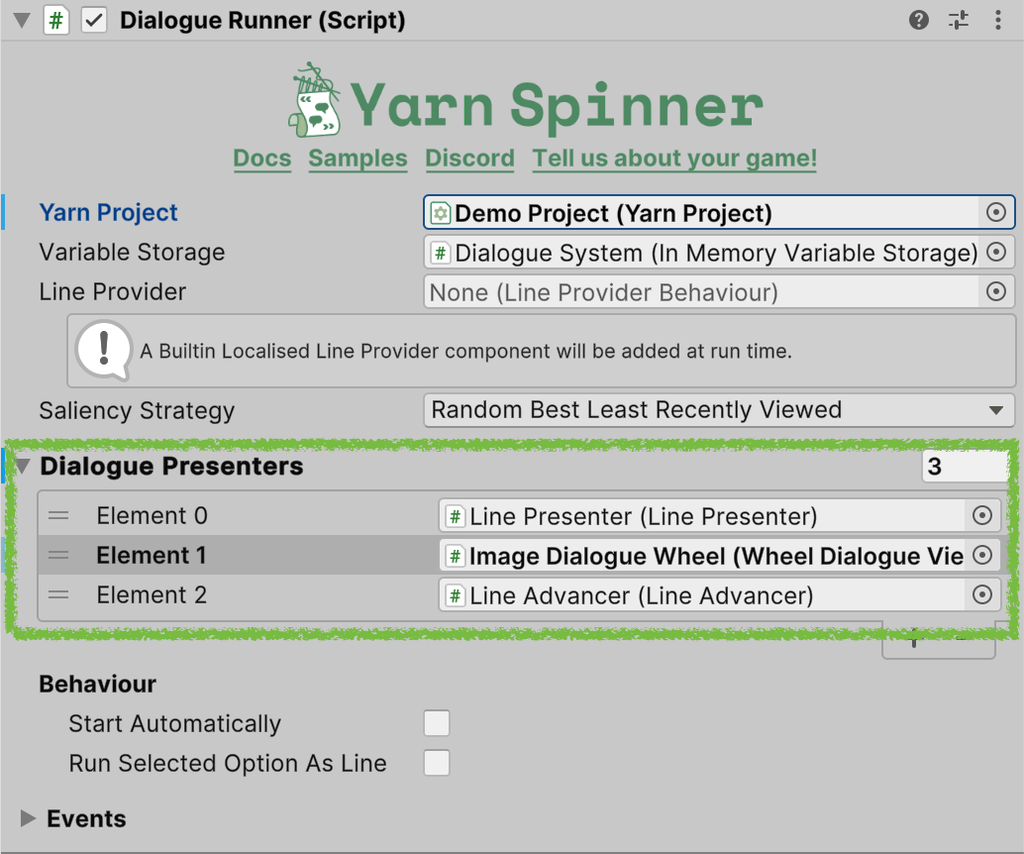 The Dialogue Runner Inspector, with the Dialogue Presenters list outlined in green: Line Presenter, Image Dialogue Wheel and Line Advancer.