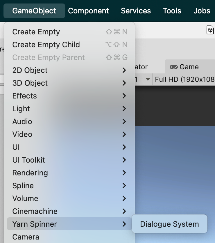 Unity's GameObject menu, with Yarn Spinner > Dialogue System highlighted.
