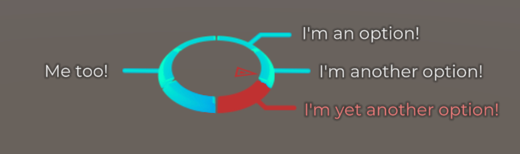 The Image Dialogue Wheel with one option on the left, Me too!, and three on the right: I'm an option!, I'm another option! and I'm yet another option!