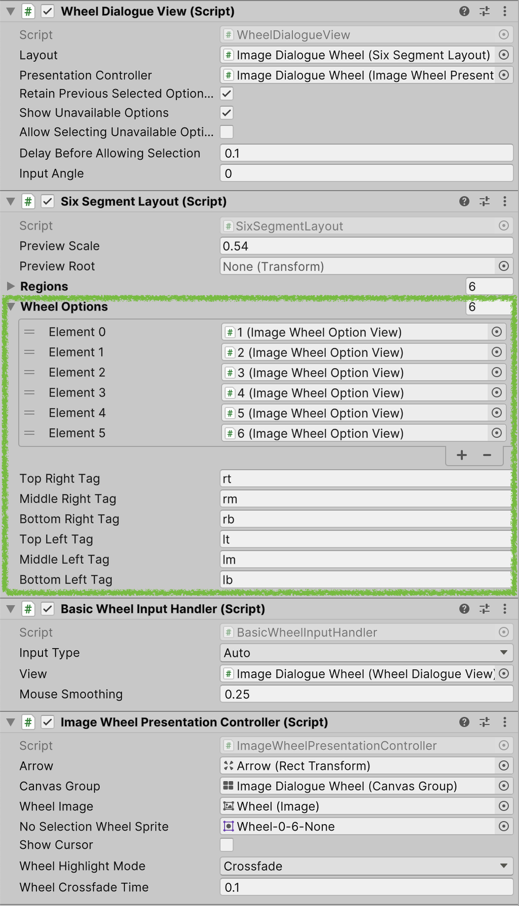 The Inspector for the Image Dialogue Wheel, with the Six Segment Layout's Wheel Options list and its six tag fields outlined in green: rt, rm, rb, lt, lm and lb.
