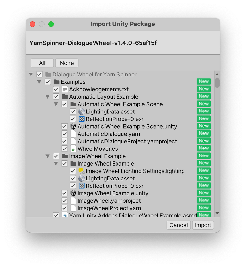 Unity's Import Unity Package window for YarnSpinner-DialogueWheel-v1.4.0, listing the Dialogue Wheel for Yarn Spinner folder with its Automatic Layout Example and Image Wheel Example, all checked and marked New, with Cancel and Import buttons.