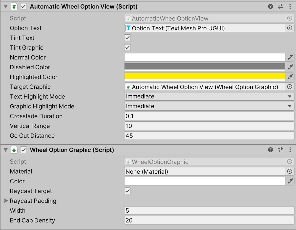 The Inspector for the Automatic Wheel Option View, showing the Automatic Wheel Option View component with Normal Color, Disabled Color, yellow Highlighted Color, Text and Graphic Highlight Mode set to Immediate and Crossfade Duration, and the Wheel Option Graphic component with Material and Width.