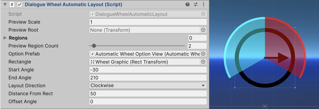 The Dialogue Wheel Automatic Layout component, with Start Angle -30, End Angle 210 and Preview Region Count 2, next to a preview of two coloured regions with a wedge at the bottom left empty.