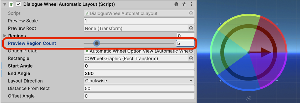 The Dialogue Wheel Automatic Layout component, with Preview Region Count 5 circled in red, next to a preview of the circle divided into five coloured regions.