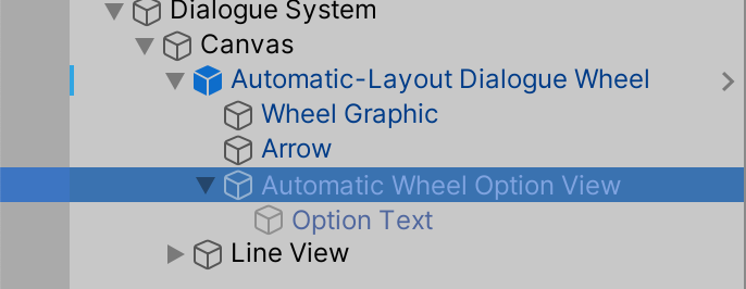 The Hierarchy, with Automatic Wheel Option View selected under Automatic-Layout Dialogue Wheel and expanded to show Option Text.