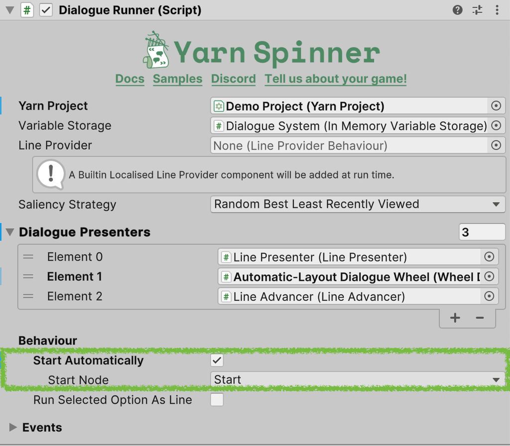 The Dialogue Runner Inspector, with Start Automatically turned on and Start Node set to Start, outlined in green.