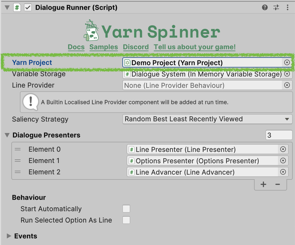 The Dialogue Runner Inspector, with the Yarn Project field, set to Demo Project, outlined in green.