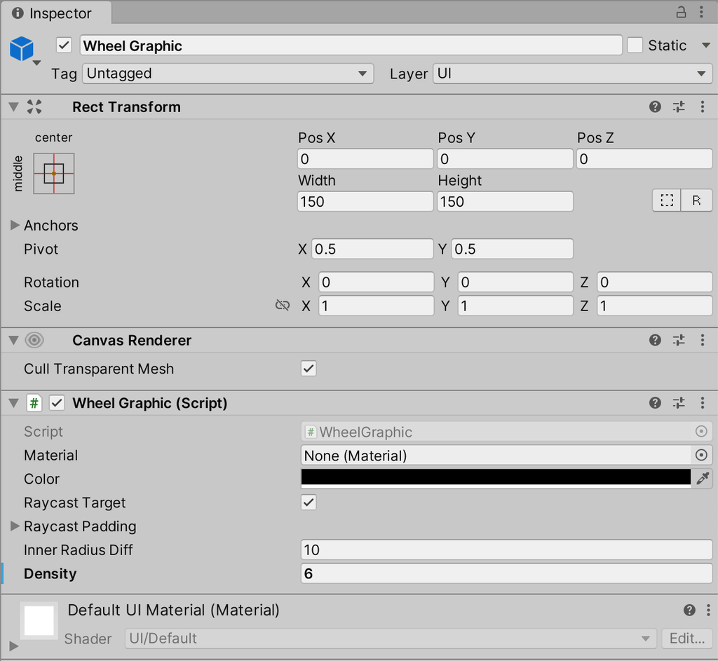 The Inspector for the Wheel Graphic, with the Wheel Graphic component's Material, Color, Inner Radius Diff and Density fields. Density is set to 6.