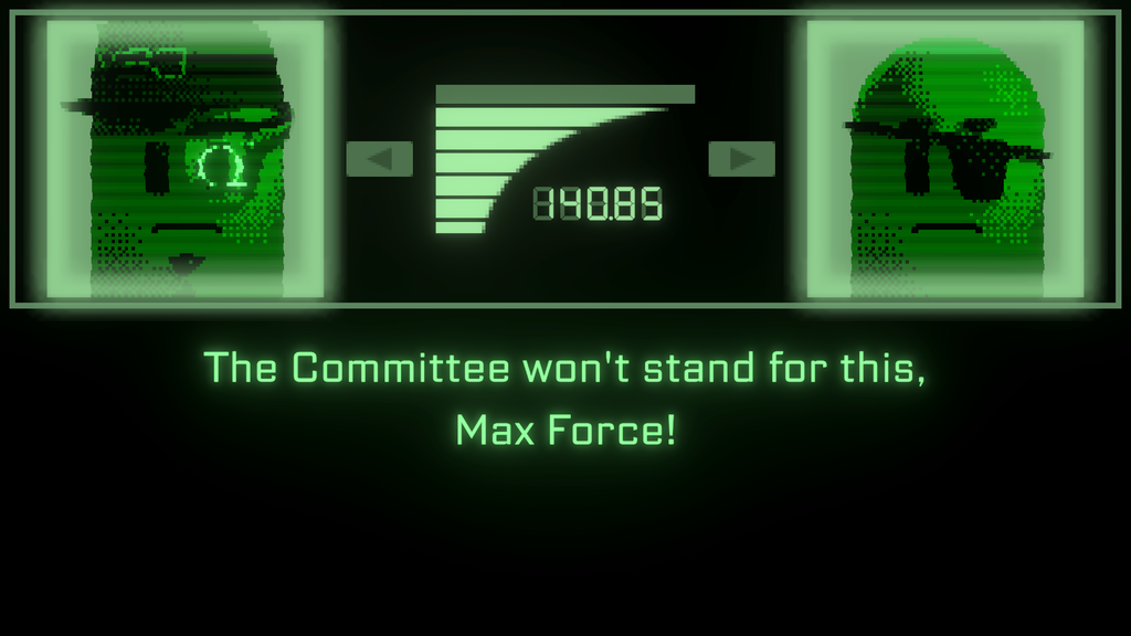 Snaaake in a retro green radio view. Two pixelated character portraits face each other on either side of a signal level graphic reading 140.85, with the subtitle 'The Committee won't stand for this, Max Force!' below.