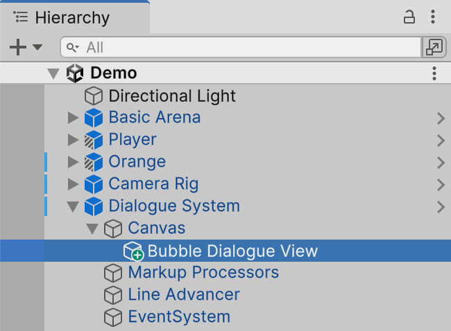 The Hierarchy, with a Bubble Dialogue View game object selected under the Dialogue System's Canvas, alongside Markup Processors, Line Advancer and EventSystem.