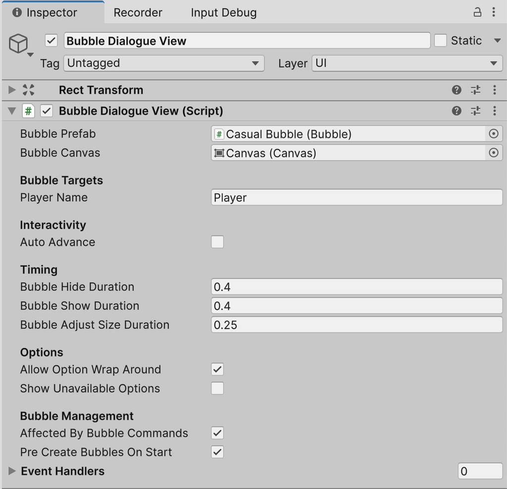 The Inspector for the Bubble Dialogue View component, with Bubble Prefab set to Casual Bubble and Bubble Canvas set to Canvas, plus Bubble Targets, Interactivity, Timing, Options and Bubble Management settings.
