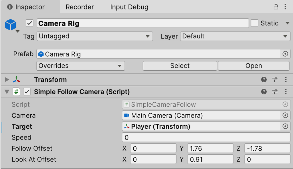 The Inspector for the Camera Rig, with the Simple Follow Camera component's Target field set to Player.