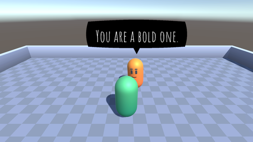 A green capsule player faces an orange capsule NPC in a walled arena with a checkered floor. A black speech bubble above the orange capsule reads 'You are a bold one.'