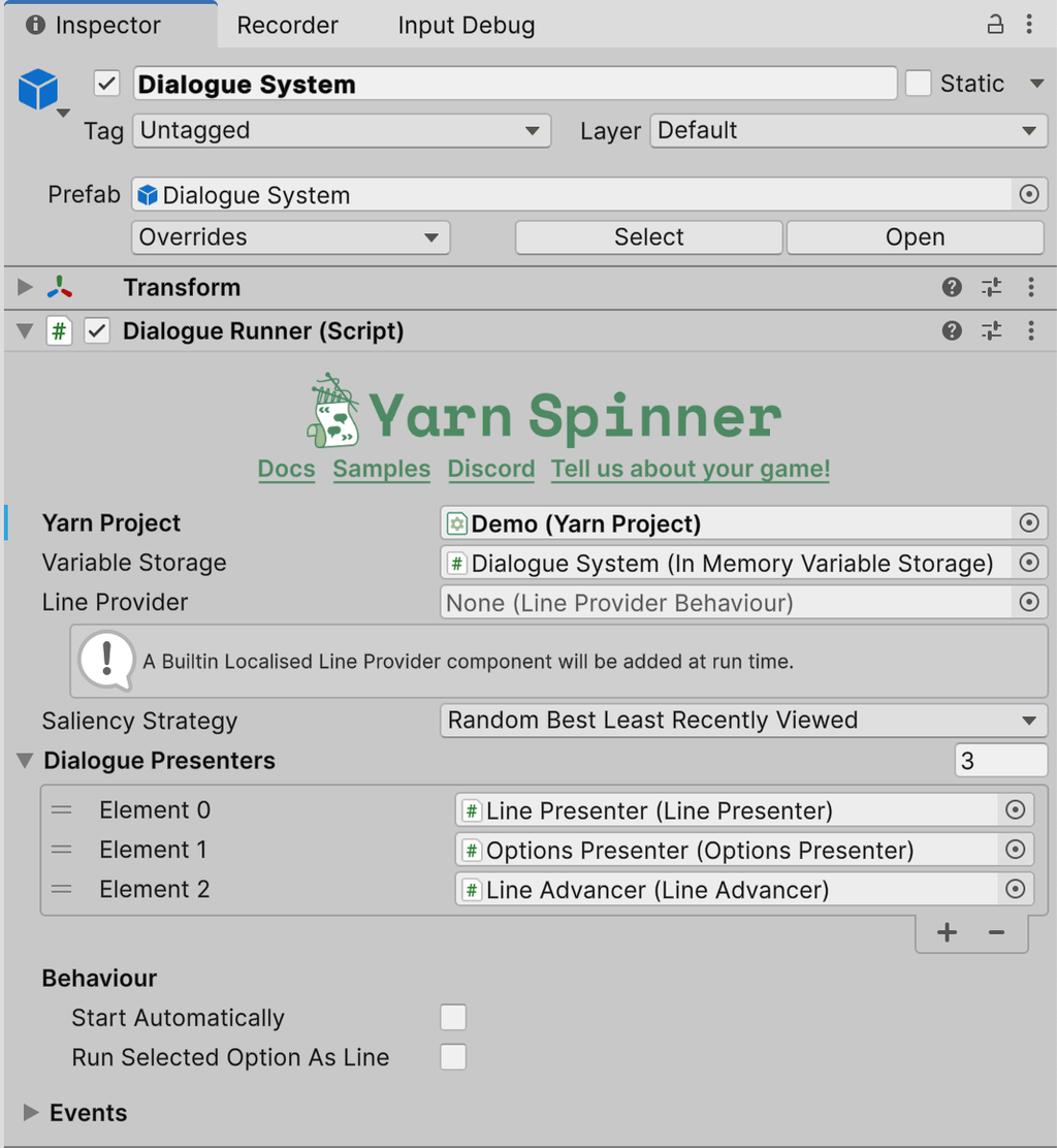 The Inspector for the Dialogue System, with the Dialogue Runner's Yarn Project field set to Demo, and Line Presenter, Options Presenter and Line Advancer in the Dialogue Presenters list.