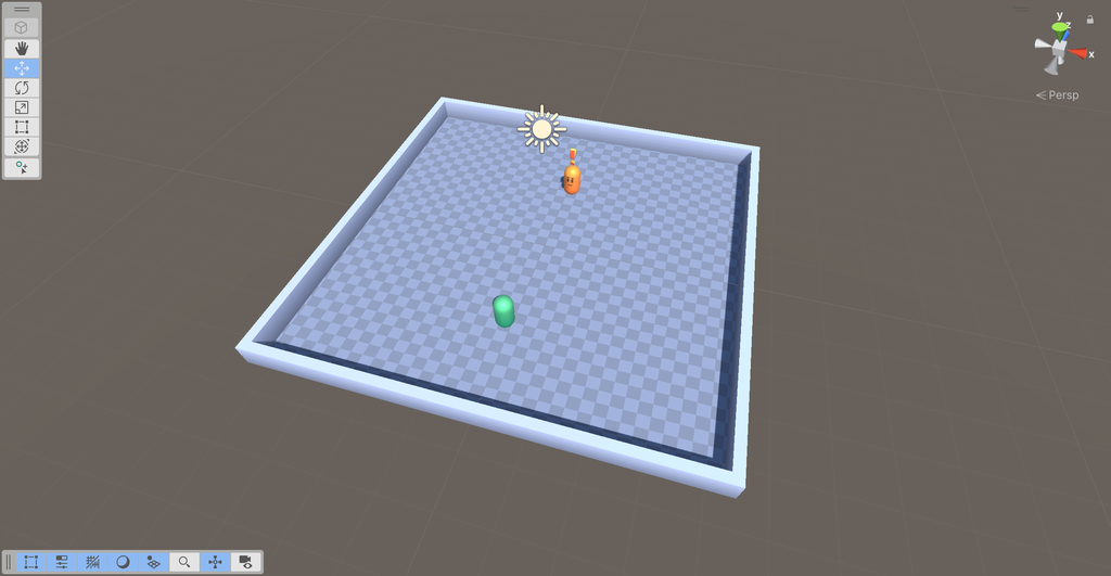 The Scene view of the walled arena from above, with the green Player capsule and the orange NPC capsule standing on the checkered floor.