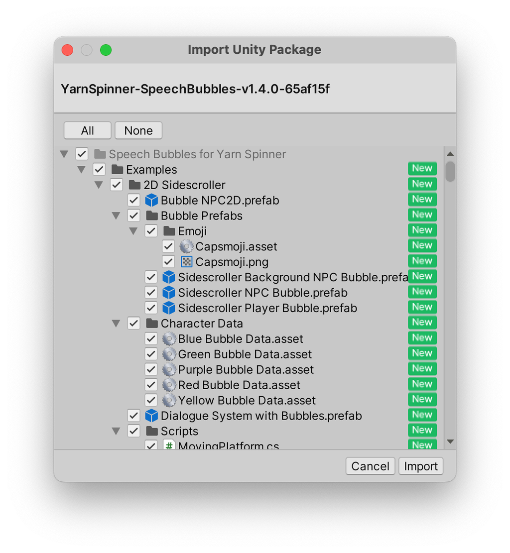 Unity's Import Unity Package window for YarnSpinner-SpeechBubbles-v1.4.0, listing the Speech Bubbles for Yarn Spinner folder and its Examples, all checked and marked New, with Cancel and Import buttons.