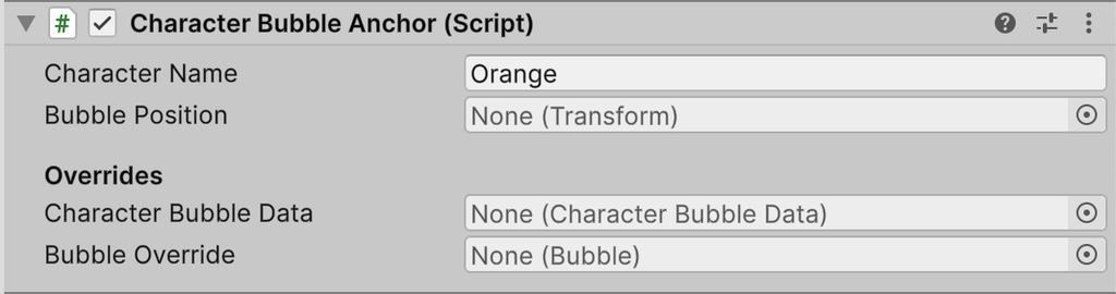 The Character Bubble Anchor component, with Character Name set to Orange.