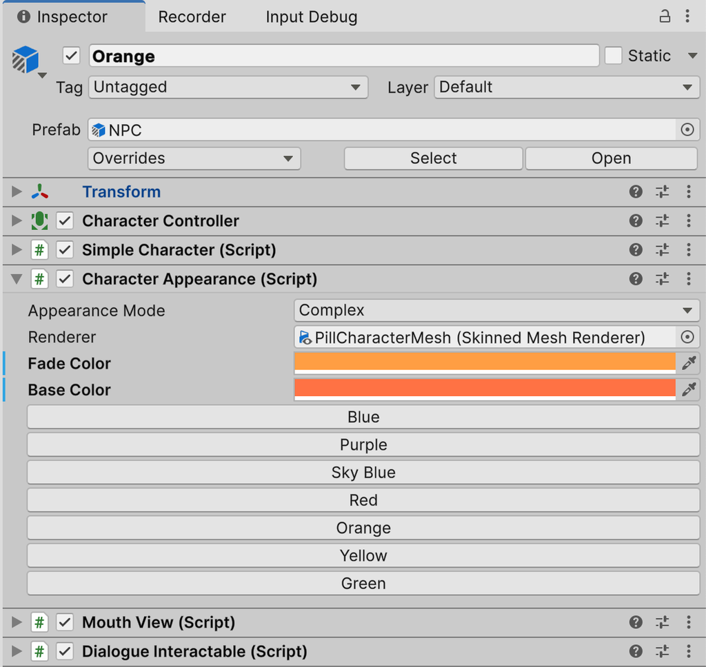 The Inspector for the Orange NPC, with the Character Appearance component expanded, showing orange Fade Color and Base Color fields and a column of colour buttons including Orange.