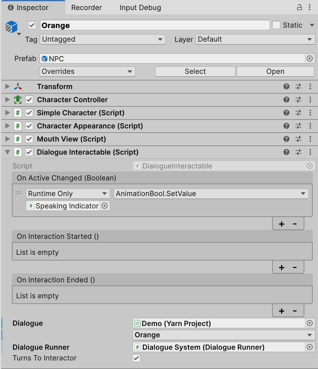 The Inspector for Orange, with the Dialogue Interactable component's Dialogue field set to Demo and the Orange node, and its Dialogue Runner field set to Dialogue System.