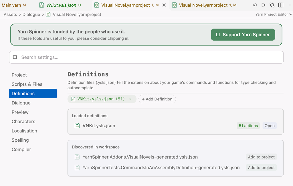 The Yarn Project Editor in VS Code, on the Definitions page. VNKit.ysls.json is added, and the Loaded definitions list shows VNKit.ysls.json with 51 actions.