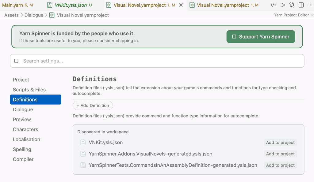 The Yarn Project Editor in VS Code, on the Definitions page. No definitions are added yet. Under Discovered in workspace, VNKit.ysls.json is listed with an Add to project button.