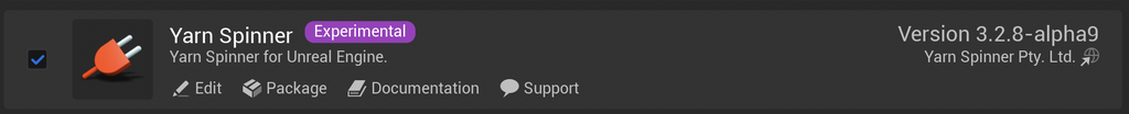The Yarn Spinner entry in Unreal's Plugins window, with Enabled ticked, the Experimental label, and Version 3.2.8-alpha9.