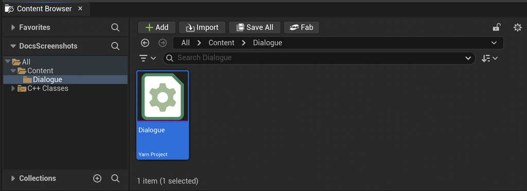 The Content Browser open on the Dialogue folder, with a Yarn Project asset called Dialogue selected.