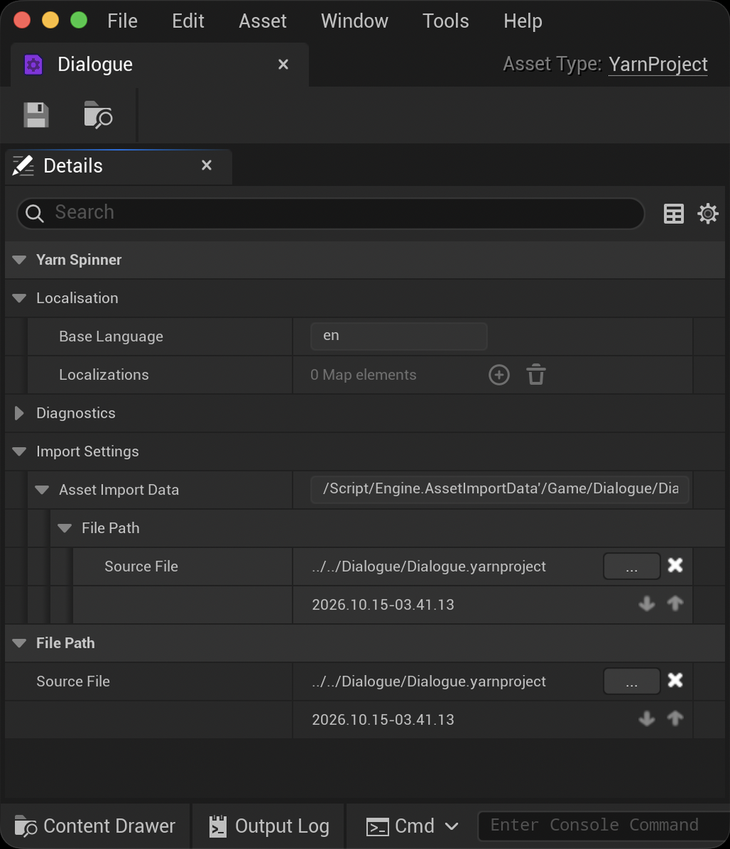 The Dialogue Yarn Project asset open in its own window. Under Yarn Spinner, Localisation shows Base Language en and no Localizations, Diagnostics is collapsed, and Import Settings shows the source file ../../Dialogue/Dialogue.yarnproject.