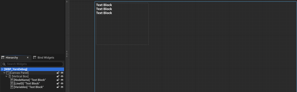 WBP_YarnDebug in the Designer. The Hierarchy shows a Canvas Panel with a Vertical Box holding three Text Blocks, NodeName, LineID and Variables, and the canvas shows them at the top left.