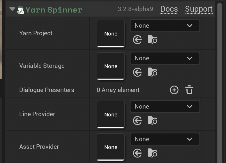 The Yarn Spinner header on a Dialogue Runner in the Details panel, with the version 3.2.8-alpha9 and Docs and Support links, above Yarn Project, Variable Storage, Dialogue Presenters, Line Provider and Asset Provider, all empty.