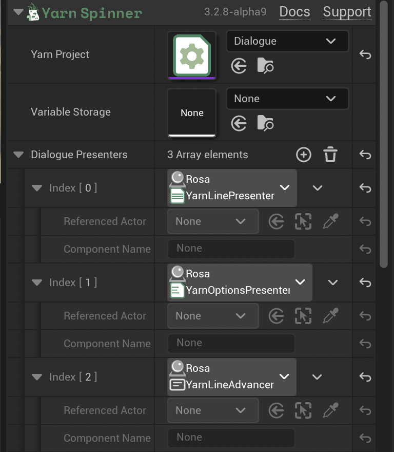 The Dialogue Presenters list with three entries, each a component on Rosa: YarnLinePresenter, YarnOptionsPresenter and YarnLineAdvancer.