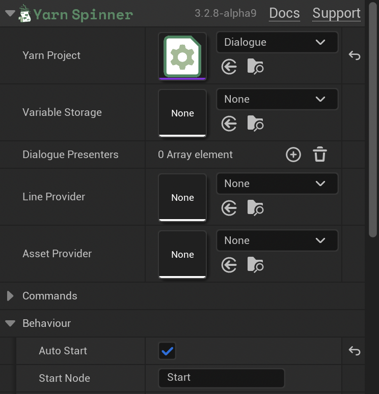 A Dialogue Runner in the Details panel with Yarn Project set to Dialogue, and under Behaviour, Auto Start ticked and Start Node set to Start.
