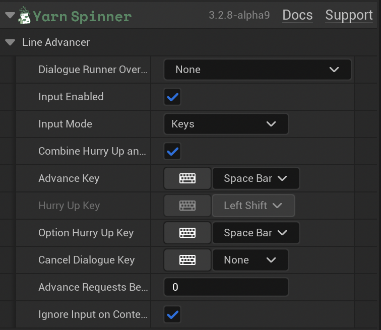 The Line Advancer's settings: Dialogue Runner Override None, Input Enabled ticked, Input Mode Keys, Combine Hurry Up and Advance ticked, Advance Key Space Bar, Hurry Up Key Left Shift and greyed out, Option Hurry Up Key Space Bar, Cancel Dialogue Key None, Advance Requests Before Cancelling 0, and Ignore Input on Content Frame ticked.