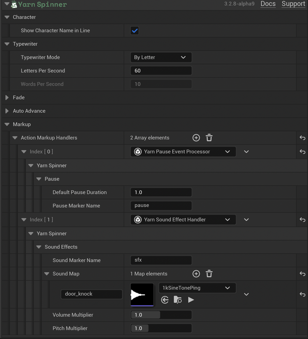 The Line Presenter's settings: Show Character Name in Line ticked, and Typewriter Mode By Letter at 60 letters per second. Under Markup, Action Markup Handlers has two entries: a Yarn Pause Event Processor with Default Pause Duration 1.0 and Pause Marker Name pause, and a Yarn Sound Effect Handler with Sound Marker Name sfx and a door_knock sound.