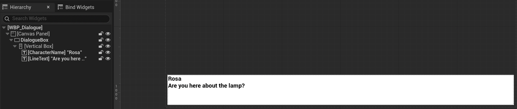 WBP_Dialogue in the Designer. The Hierarchy shows a Canvas Panel holding DialogueBox, with a Vertical Box containing CharacterName and LineText, and the box sits along the bottom of the canvas with the text Rosa and Are you here about the lamp?