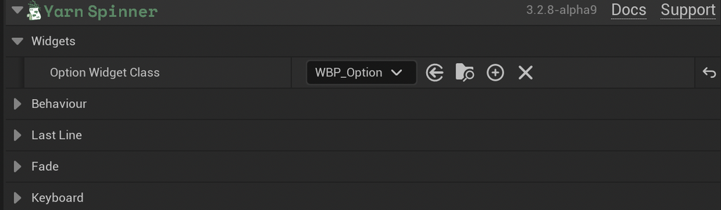 The Options Presenter's Yarn Spinner settings, with Option Widget Class set to WBP_Option, and the Behaviour, Last Line, Fade and Keyboard sections collapsed.
