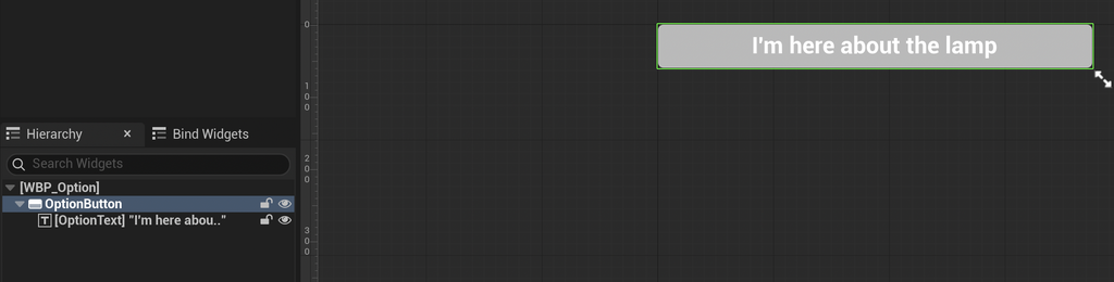 WBP_Option in the Designer. The Hierarchy shows OptionButton containing OptionText, and the canvas shows the button as a wide bar with the text I'm here about the lamp.