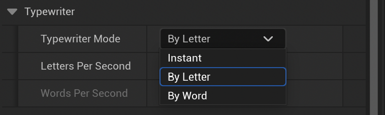 The Typewriter Mode dropdown open, listing Instant, By Letter and By Word, with By Letter selected.