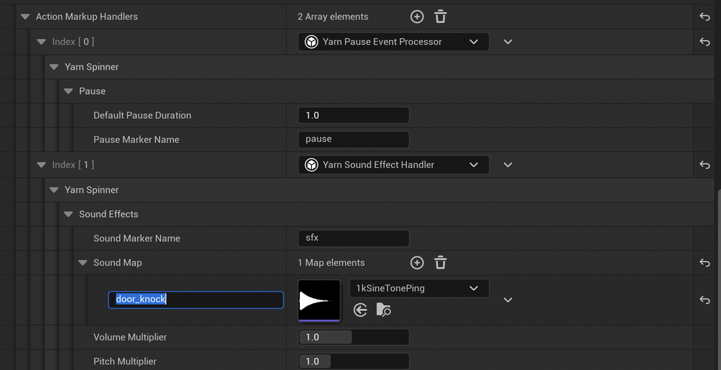 The Action Markup Handlers list with two entries: a Yarn Pause Event Processor with Default Pause Duration 1.0 and Pause Marker Name pause, and a Yarn Sound Effect Handler with Sound Marker Name sfx and one Sound Map entry, door_knock.