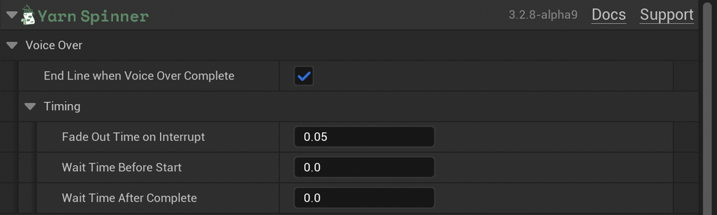 The Voice Over Presenter's settings: End Line when Voice Over Complete ticked, Fade Out Time on Interrupt 0.05, and Wait Time Before Start and Wait Time After Complete both 0.0.