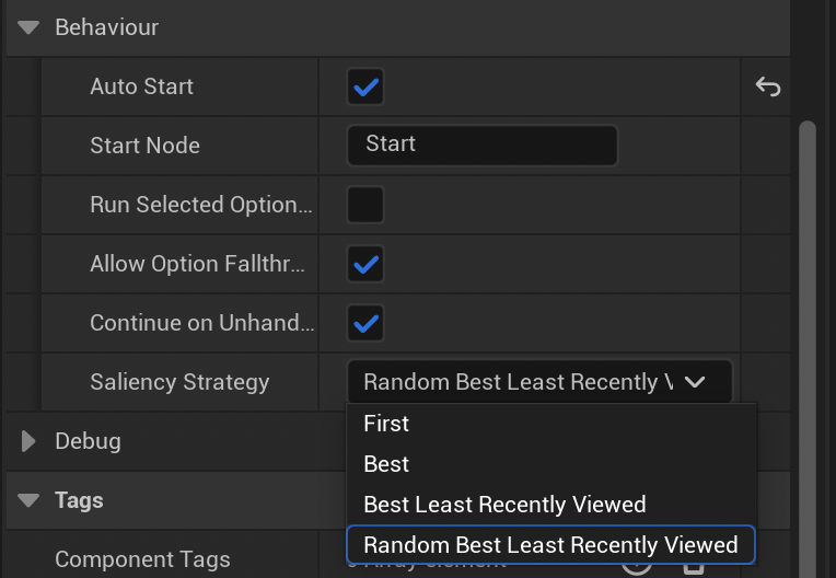 The Behaviour section of a Dialogue Runner with the Saliency Strategy dropdown open, listing First, Best, Best Least Recently Viewed and Random Best Least Recently Viewed.