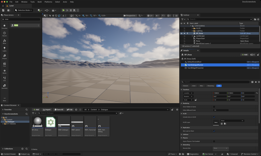 The Unreal Editor with BP_Rosa selected in the Outliner and its YarnDialogueRunner component selected in the Details panel, and the Dialogue Yarn Project asset in the Content Browser.